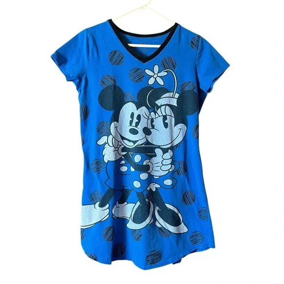 Disney Store Mickey Minnie Sleep Shirt Nightgown Blue Polka Dot Pajama Tee M/L - Picture 2 of 9